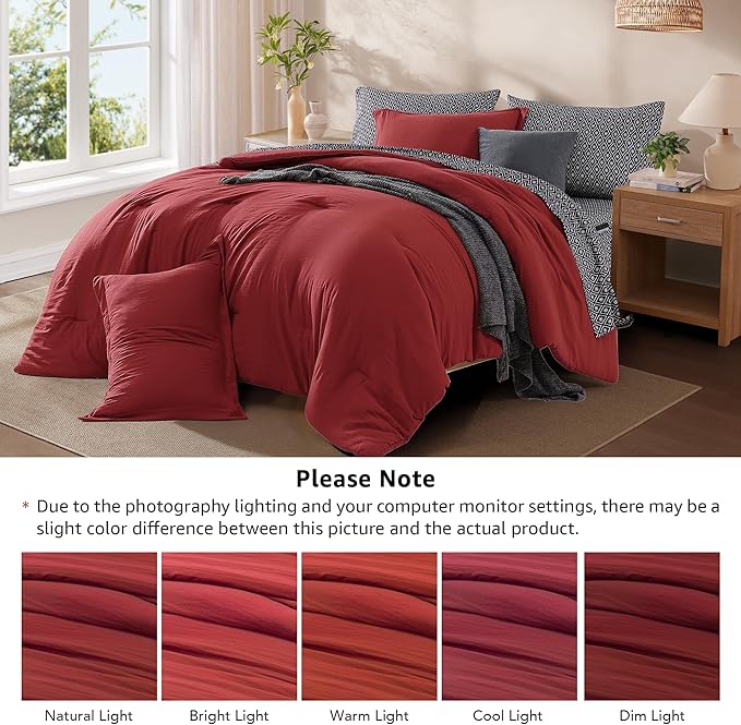 Monbix Full Size Comforter Set - 7 Pieces Bright Red Prewashed Bed in a Bag Full Bedding Sets with Comforters, All Seasons Ultra Soft Comforter Bed Set with Sheets, Pillowcases & Shams