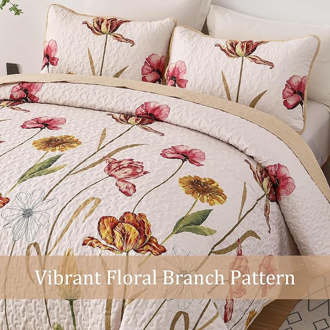 WONGS BEDDING Floral Quilt Set King Size, 3 Pieces Beige Farmhouse Bedspread Bedding Sets,Soft Lightweight Microfiber Spring Flower Coverlet Set for All Season (104"x90")