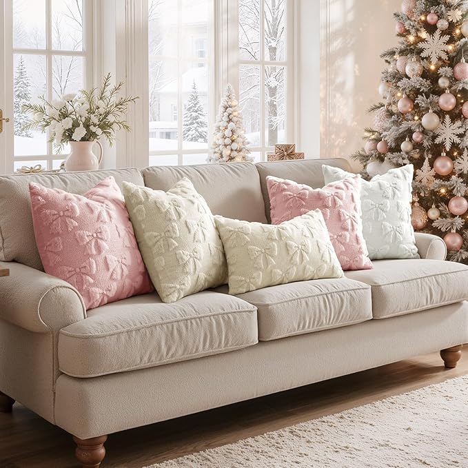 MIULEE Cream White Bow Pillow Covers Coquette Room Decor Aesthetic Set of 2 Decorative Cute Girl Vlentine Pillow Covers Spring Soft Plush Faux Pillowcase for Preppy Room Decor Bedroom Couch,20x20 Inch