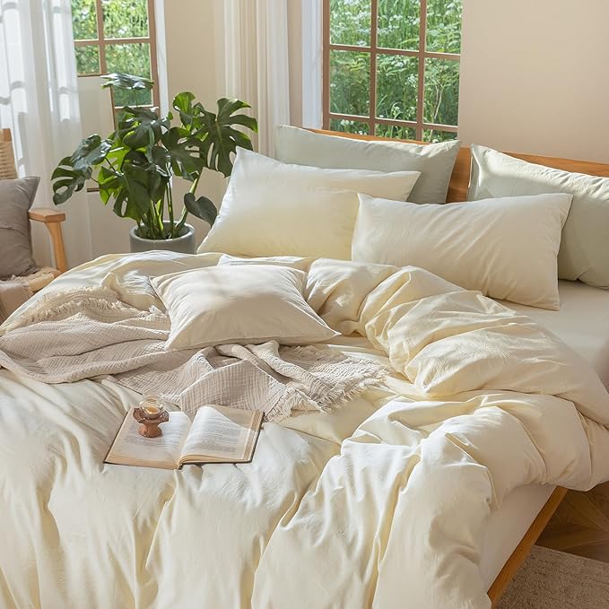 MooMee Bedding Duvet Cover Set 100% Washed Cotton Linen Like Textured Breathable Durable Soft Comfy (Solid Cream, Super King 108"x90")