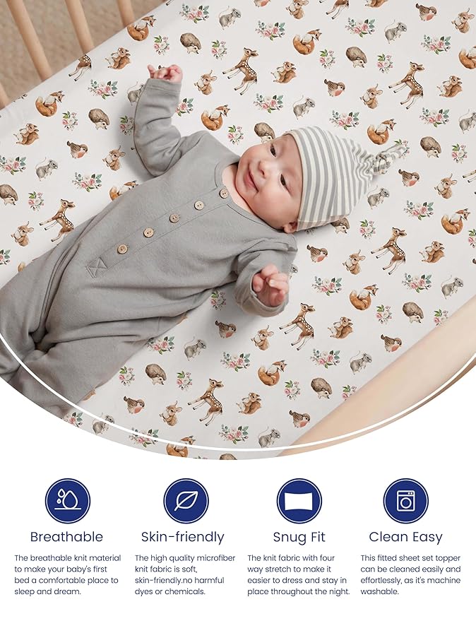 TotAha Premium Soft Graco Pack n Play Sheets Fitted, Super Stretchy Jersey Knit Mini Crib Sheets Fitted, Silky Comfort Pack and Play Mattress Sheets, 2 Pack (Forest Animals)