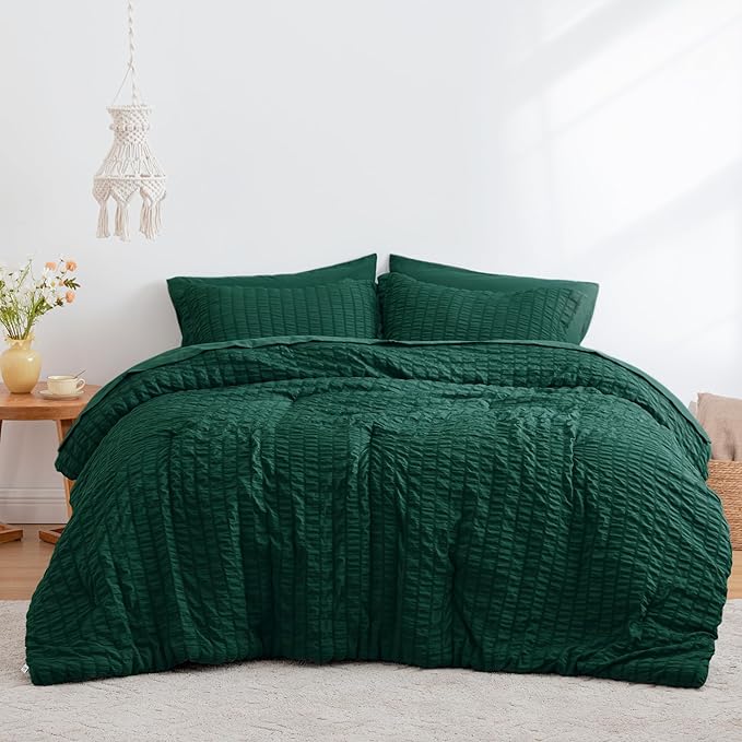 Love's cabin Seersucker Dark Green King Size Comforter Set, 7-Piece All Season Lightweight Bed in a Bag Bedding Set with Comforter, Flat Sheet, Fitted Sheet, Pillowcases and Shams | Soft, Breathable, Lightweight