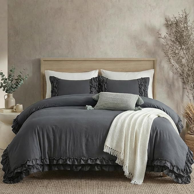 Dark Grey Ruffled Duvet Cover King Boho Bedding Set Gary Ruffle Fringe Shabby Chic Bedding Super Soft Cozy Farmhouse Duvet Cover Set for All Season
