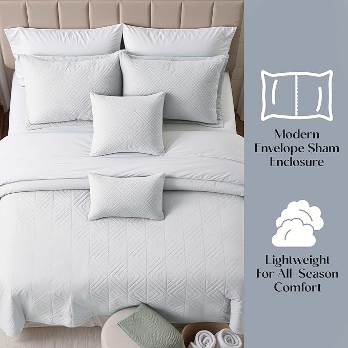 Hearth & Harbor King Quilt Set – All-Season Lightweight Bedspread & Coverlet with Pinsonic Weave - 7 Piece King Quilt Set with Pillow Shams, White - King Diamond
