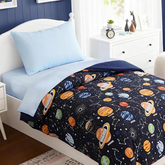 Toddler Bedding Set - 4 Pieces Toddler Comforter Set for Kids Boys,Glow in The Dark Space Bed in A Bag with Sheets