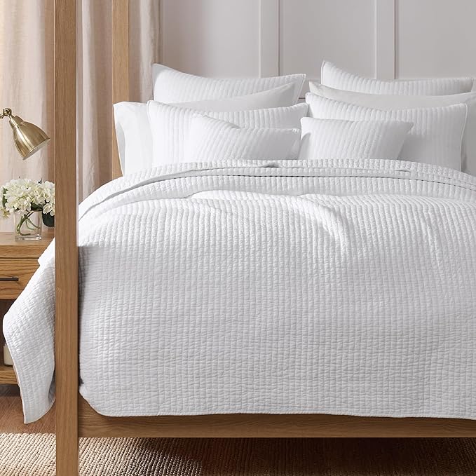 Levtex Home Cross Stitch Reversible Twin XL/Twin Quilt Set (68x86in) with 1 Pillow Sham (26x20in) - Stitch Texture - Bright White - Cotton Twin Size Quilt Bedding Set - Lightweight, Soft, Pre-Washed