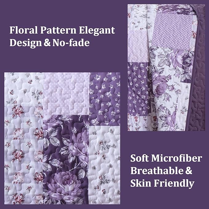 Purple Quilt Set King Size, Boho Floral Plaid Bedspread Coverlet Set, Patchwork Quilt Bedding Set, Farmhouse Soft Lighweight Bedspread Set for All Season
