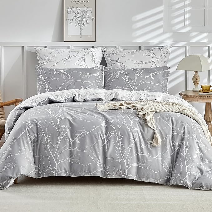 Lekesky Reversible Duvet Cover Queen Size, Grey White Branch Comforter Cover Queen 3pcs Microfiber Botanical Bedding Set with Zipper Closure Corner Ties
