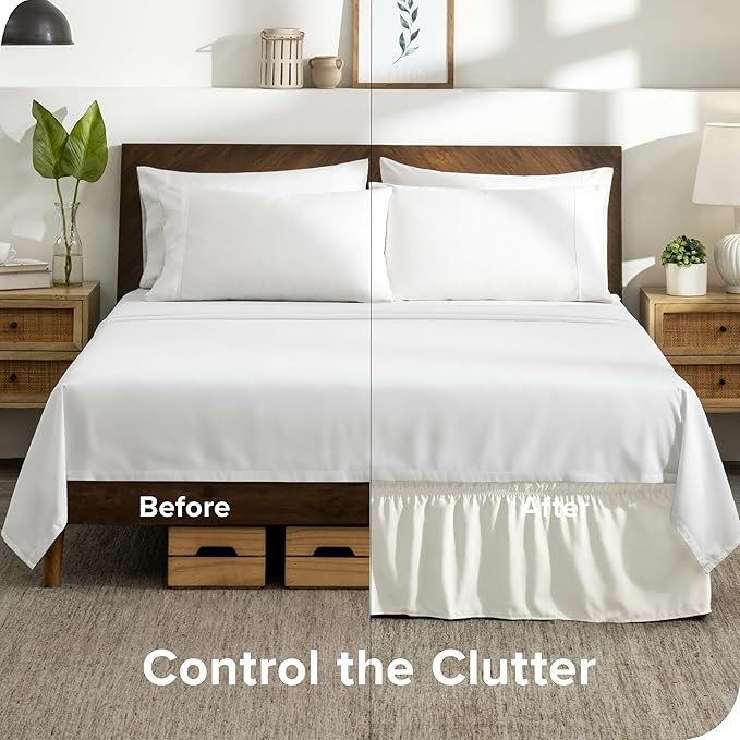 Bare Home Wrap Around Bed Skirt - for Twin Size Beds with 15 inch Tailored Drop - Easy Fit Elastic Strap - Adjustable and Ruffled Style - Wrinkle, Fade, and Stain Free (Twin, Cream)