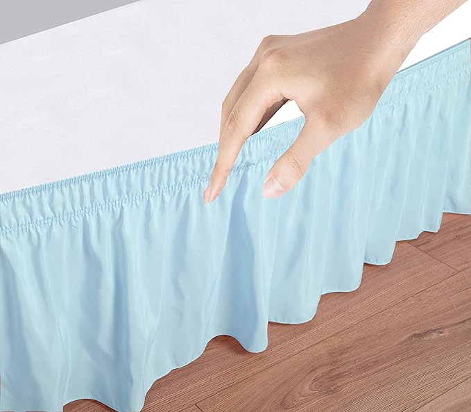 Bed Skirt - Wrap Around Bed Skirts Elastic Dust Ruffles, Easy Fit Wrinkle and Fade Resistant Luxurious Fabric Solid Color, Light Blue Olympic Queen Size Beds 15 Inch Drop
