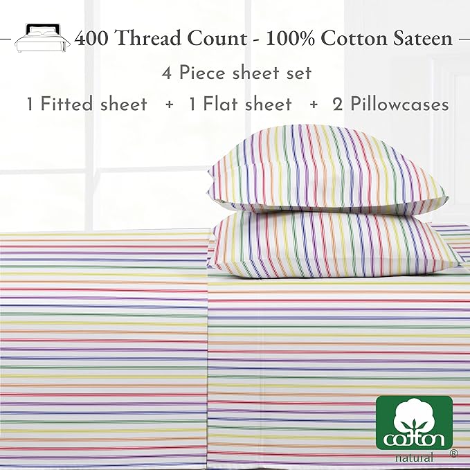 California Design Den Rainbow Striped King Size Sheets Set - 400 Thread Count, Soft Sateen, Natural 100% Cotton Sheets, Deep Pockets, and Durable Bedding Set - Rainbow Striped