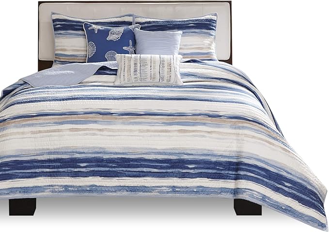Madison Park Quilt Set Cottage Coastal Design, 6 Piece Set - All Season, Coverlet Bedspread Lightweight Bedding Layer, Shams, Toss Pillows, Full/Queen(90"x90"), Blue/White