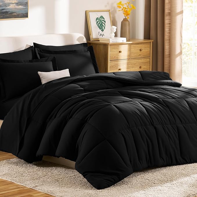 CozyLux Queen Comforter Set Black - 7 Pieces Bed in a Bag Queen, All Season Soft Bedding Set, Oeko-Tex Certified Bed Set with Down Alternative Comforter, Sheets, Pillowcases & Pillow Shams (Pack of 2)