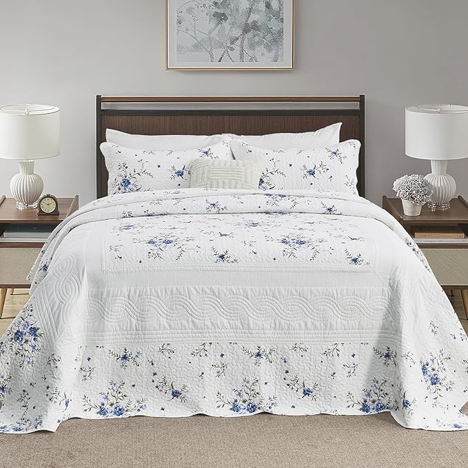 Floral Bedspreads King Size Extra Large, 120x120 Oversized Quilt Bedspread Coverlet, 100% Cotton Blue and White Bedding Set with Shams, Lightweight Soft Quilted Thin Comforter, 3 Piece