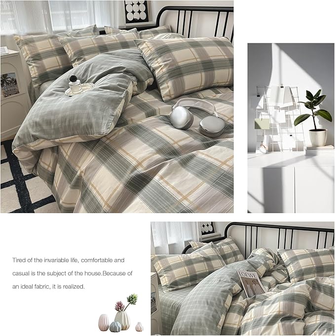 Green Plaid Duvet Cover Queen Soft Cotton Grid Plaid Bedding Set 3 Pieces Checkered Gingham Comforter Cover for Men Boys Modern Bedding Set Simple Plaid Comforter Cover with Zipper Closure 4 Ties