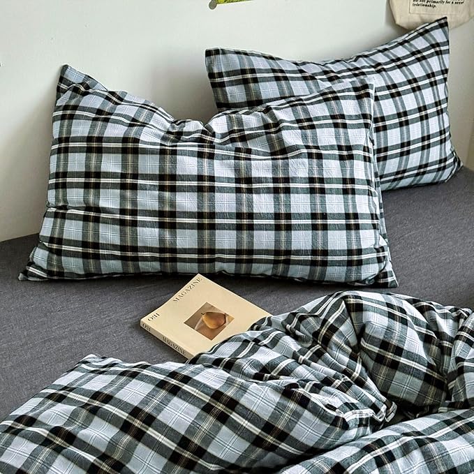 LifeTB Grey White Buffalo Plaid Duvet Cover Set King Size 100% Washed Cotton Vintage Plaid Grid Bedding Set 3 Piece Checkered Comforter Cover Soft Breathable Gingham Duvet Cover with Zipper Ties
