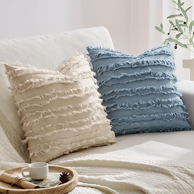 MIULEE Decorative Boho Throw Pillow Covers Set of 2 Blue Grey Linen Striped Jacquard Pattern Farmhouse Coastal Cushion Covers for Sofa Couch Living Room Bedroom 20x20 Inch Home Decor