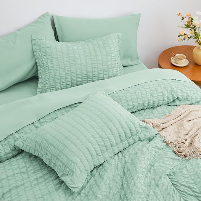 Love's cabin Seersucker Light Green Twin XL Comforter Set, 5-Piece All Season Lightweight Bed in a Bag Bedding Set with Comforter, Flat Sheet, Fitted Sheet, Pillowcase and Sham | Soft, Breathable, Lightweight