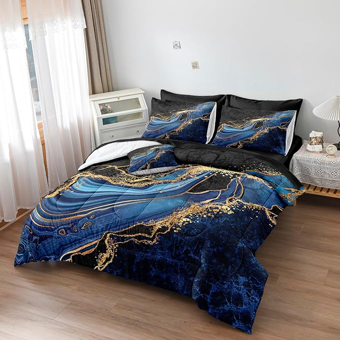 Blue and Gold Bedding Blue Marble Comforter Set 8 Pieces Queen Bed in a Bag with 1 Black Gold Comforter, 1Flat Sheet, 1 Fitted Sheet, 4 Pillowcases, 1 Marble Cushion Cover