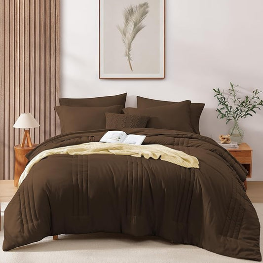 Monbix King Comforter Set - 7 Pieces Chocolate Brown Bed in a Bag King Size Bedding Sets with Comforters, All Seasons Comforter with Sheets, Pillowcases & Shams