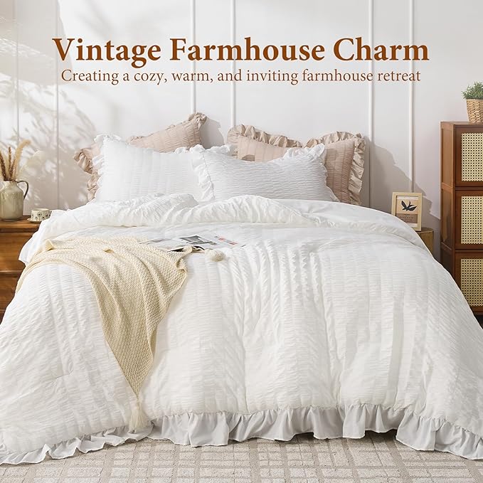 JOLLYVOGUE White Twin Size Comforter Set, 2 Pieces Seersucker Lightweight Fluffy Bedding Set, Twin Ruffle Comforter, All Season Soft Microfiber Shabby Chic Bed Set