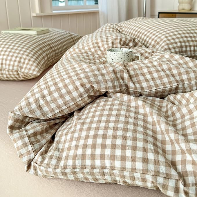 LifeTB Tan Gingham Duvet Cover Twin XL 100% Washed Cotton Beige Taupe Plaid Duvet Cover 3 Pieces Checkered Grid Comforter Cover with Zipper Ties Luxury Soft Breathable Gingham Bedding Set