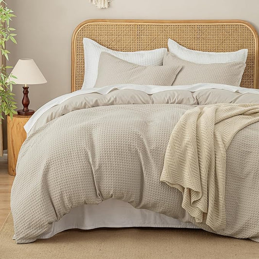 David's Home Waffle Weave Duvet Cover Set Queen Size,Soft Breathable 3pcs Comforter Cover Set with 2 Pillowcases,Textured Home Decor Bedding Set Cozy for All Seasons, Nature 90"×90",No Comforter