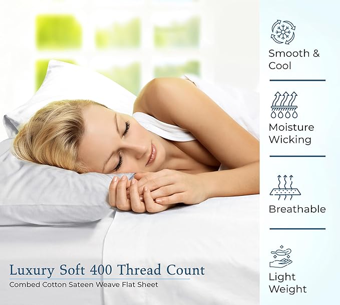 400 Thread Count 100% American Grown Cotton Flat Sheet - Cooling Sheets - Twin Sheets - Luxury Sateen Weave - Twin Flat Sheet Sold Separately - Super Soft White Flat Sheet Only (Twin, Signature White)
