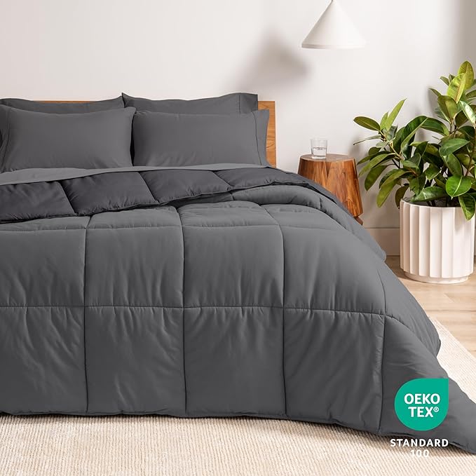 Bare Home Reversible Bed-in-A-Bag Comforter & Sheet Set - King - Down Alternative - Soft - Bedding Set (King, Grey/Forged Iron Grey, Grey)