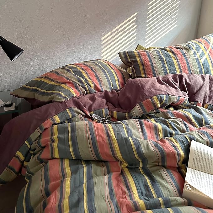 mixinni Vintage Striped Duvet Cover Set Queen Size - 3 Piece 100% Washed Cotton Bedding Set, Soft & Breathable, Colorful Striped Pattern Printed Comforter Cover for All Seasons