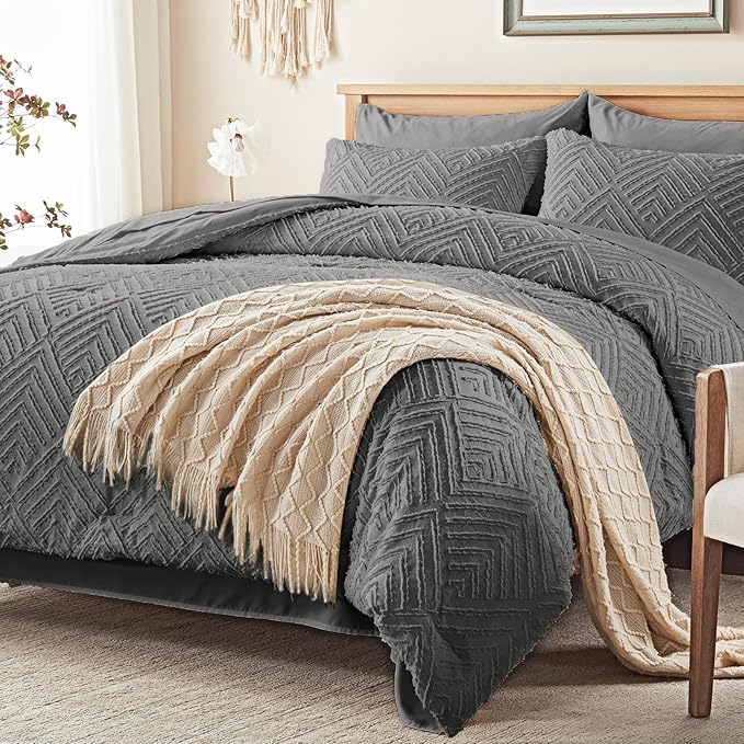 Zzlpp Queen Comforter Set 7 Pieces, Dark Grey Tufted Bed in a Bag with Comforter and Sheets,All Season Boho Bedding Sets with Comforter, 2 Pillow Shams, 2 Pillowcases, 1 Flat Sheet, 1 Fitted Sheet