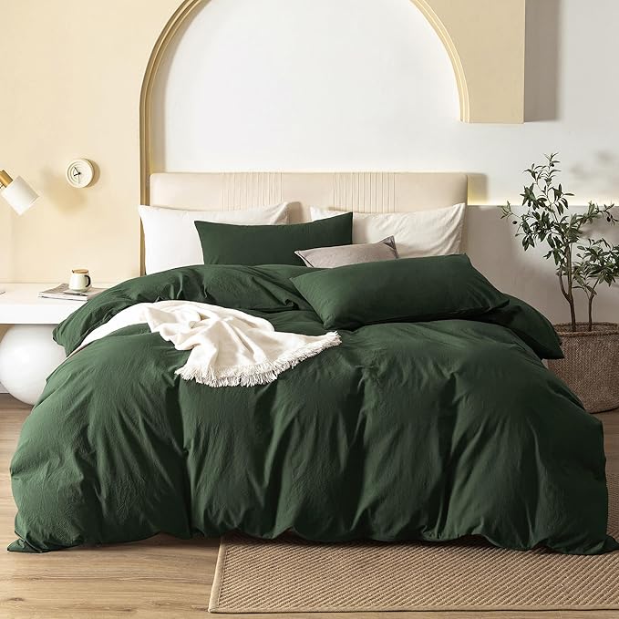 JIYUAN 100% Washed Cotton Duvet Cover Set Queen Size 3 Pieces, Linen Feel Soft Breathable Bedding Set with Zipper Closure, 90x90 Duvet Cover (Comforter Not Included) & 2 Pillowcases,Forest Green