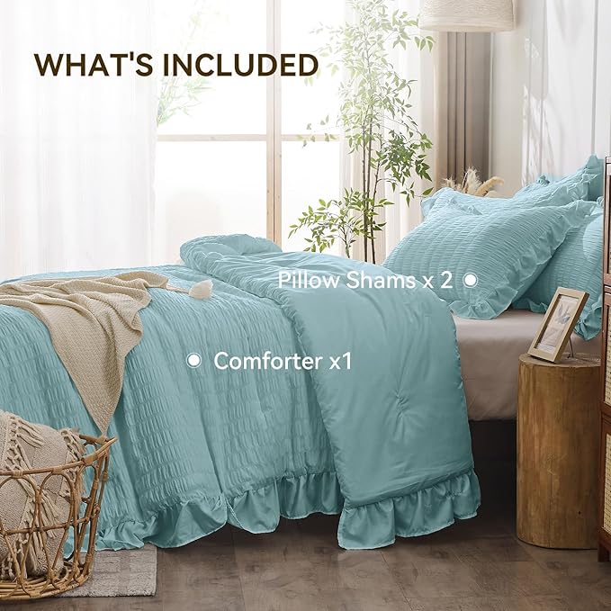 JOLLYVOGUE Light Blue King Size Comforter Set, 3 Pieces Seersucker Comforter King Size, Lightweight & Fluffy Bedding Sets for All Season with 1 Ruffle Comforter and 2 Ruffle Pillowshams