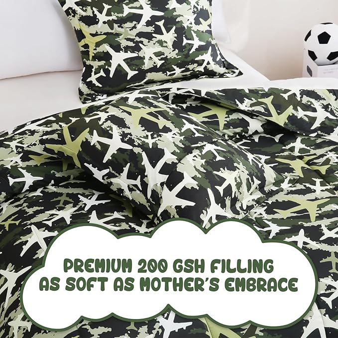 Yibeizi Airplane Comforter Set for Boys Full Size, Kids Green Camouflage Printed Bedding Set with Pillow Sham, Cute Lightweight Soft Breathable Machine Washable Quilted Bed Comforter Set 3 Piece