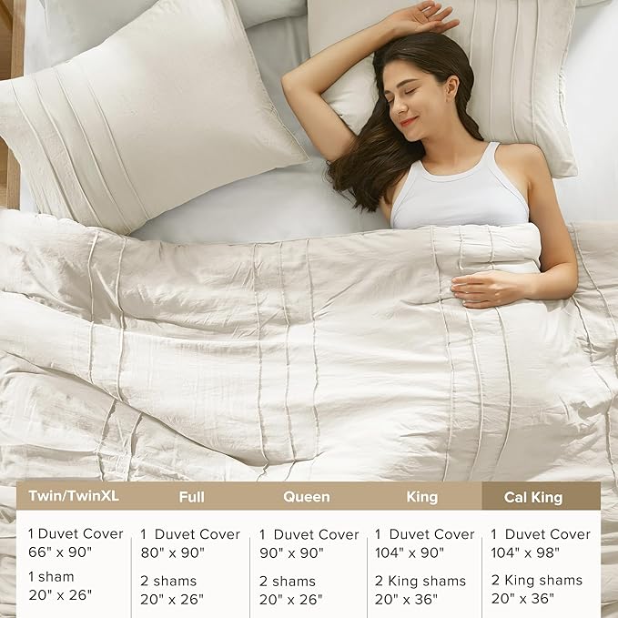 Comfort Spaces Neutral Cal King Size Duvet Cover Set - 3-pc Pintuck Pleated Duvet Cover, All Season Lightweight, Extra Softness Pre-Washed Microfiber Cal King Bed Cover Shams, Cal King