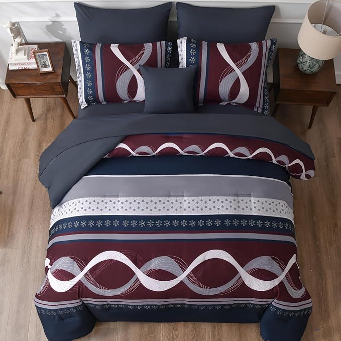 Anibedding Striped Comforter Set King Size,8 Pieces Bed in a Bag Blue Red Patchwork Bedding Sets,Boho Soft Microfiber Bedding Set for All Season(104"×90")