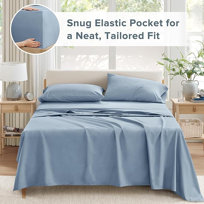 Comfort Spaces 100% Cotton Sheet Set Breathable, Lightweight, Soft with 12" Elastic Pocket Fits up to 14" Mattress, All Season Cozy Bedding, Matching Pillow Case, Twin Blue 3 Piece