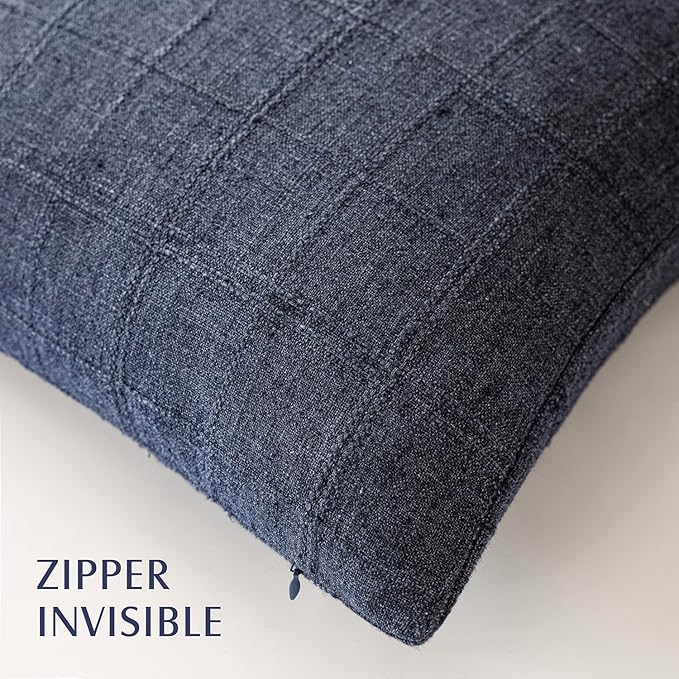Foindtower Set of 2 Decorative Linen Check Throw Pillow Covers Neutral Farmhouse Vintage Cushion Covers Modern Boho Home Decor for Sofa Chair Couch Bedroom Living Room,20×20 Inch,Navy Blue