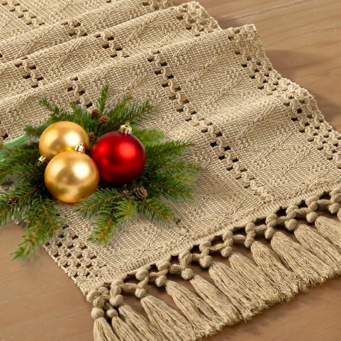 Socomi Boho Table Runner Macrame Easter Spring Farmhouse Woven Cotton Linen Rustic Coffee Table Runner with Tassels for Small Dresser Scarf Home Decor Dining Room 12x72 inch Champagne