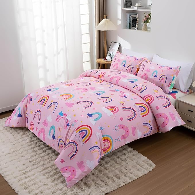 Btargot Lightweight Soft 3 Piece Rainbow Comforter Set with 2 Pillow Covers, Cartoon Love Hearts Suns and Stars Bedding Set for Girls Boys Kids, Queen Light Pink