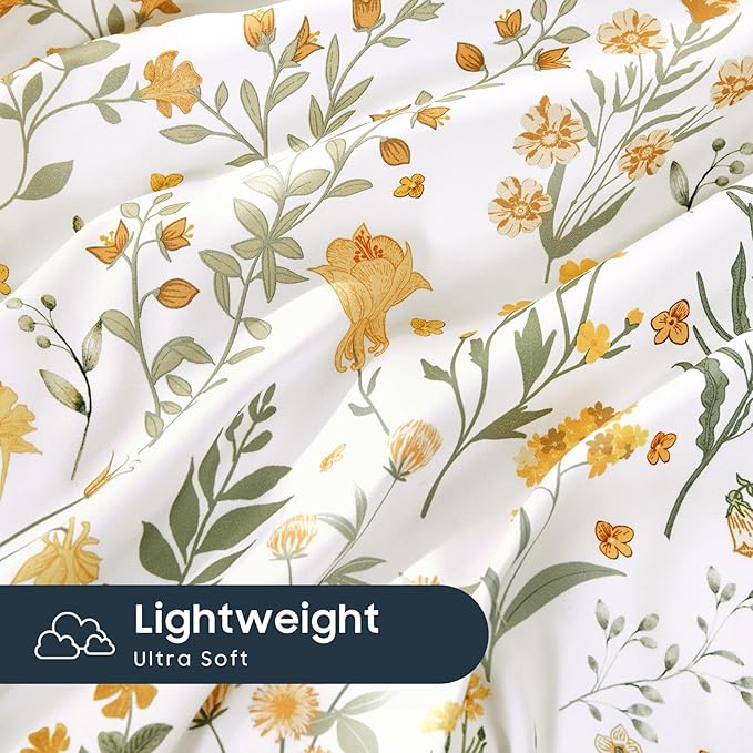 Wake In Cloud - Floral Duvet Cover Set, Shabby Chic Cottage Garden Botanical Flower Style with Elegant Wildflower Pattern, Soft Lightweight Bedding, 3 Pieces, Orange White, Twin/Twin XL Size