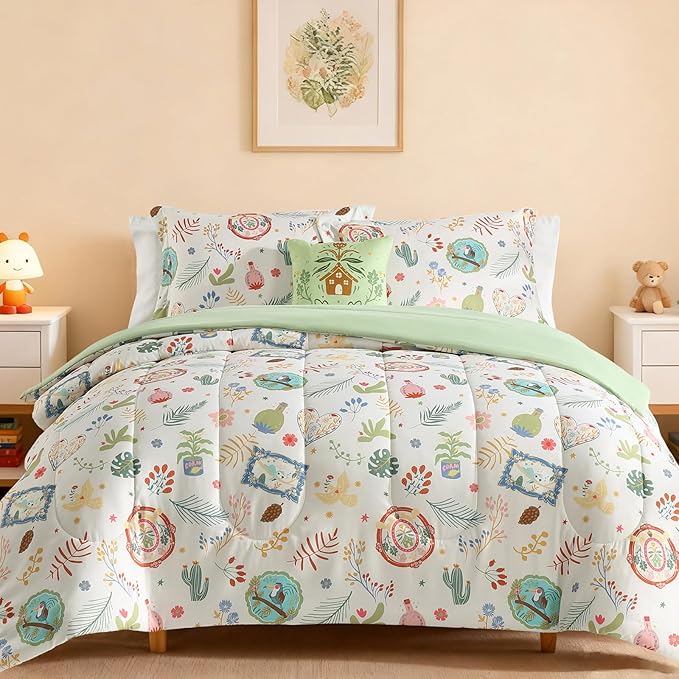 Twin Comforter Set for Girls-3 Pieces Forest Friends Twin Bedding Sets for Kids,1 Comforter,1 Sham and 1 Decor Pillow