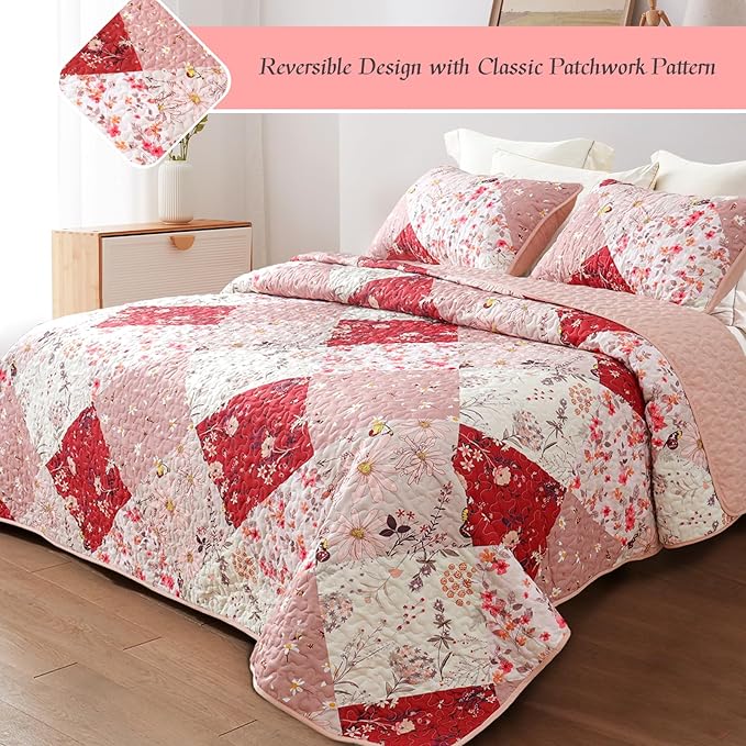 Whale Flotilla Patchwork Quilt Twin Size, Extra Soft Boho Floral Bedspreads for Bed Reversible Lightweight Twin Quilt Bedding Set Printed Coverlets with 1 Pillow Sham for All Seasons, Red