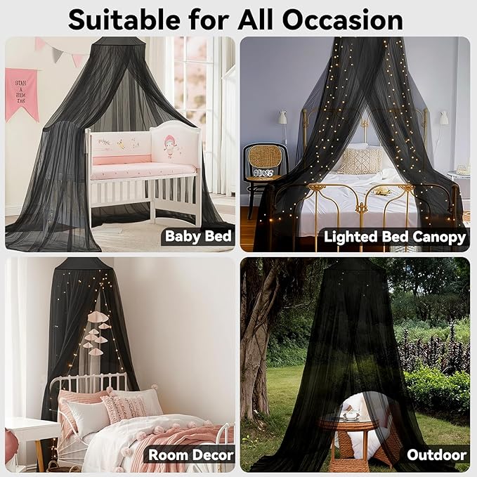 Bed Canopy with Lights, Bed Canopy for Girls Princess with Luminous Stars, Canopy Bed Curtains for Twin to King Size Bed, Baby Kids Adult Indoor Decor Bedroom Reading Nook Halloween Decoration (Black)