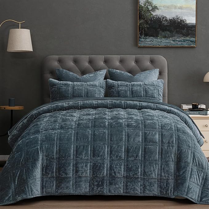 PHF Ultra Soft Velvet Quilt Set Twin Size – 2PCS Luxurious Cozy Quilted Comforter Alternative with Diamond Pattern, Warm Quilted Bedspread Coverlet, 68" x 92", Stormy Blue