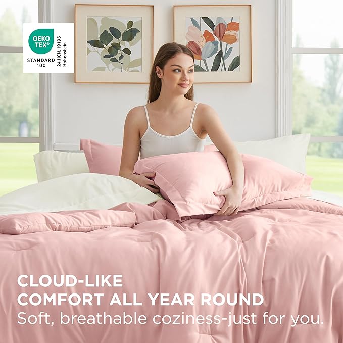 Bedsure Twin Comforter Set - 5 Pieces Pink Twin Bedding Set for All Seasons, Boho Contrasting Design Bed in a Bag with Comforter, Sheets, Pillowcase & Sham