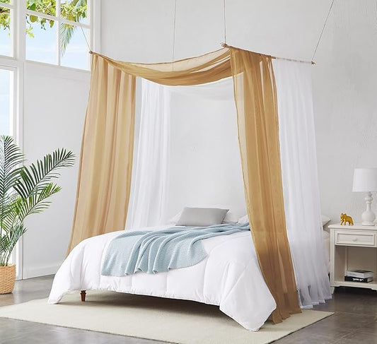Warm Home Designs Set of 2 White & Caramel Gold Canopy Bed Curtains in 55 x 216 Inch Size. 2 Queen Bed Canopy Curtains Can Be Turned Into Kids Bed Tent or Bed Canopy for Girls. BE White & Gold 216"