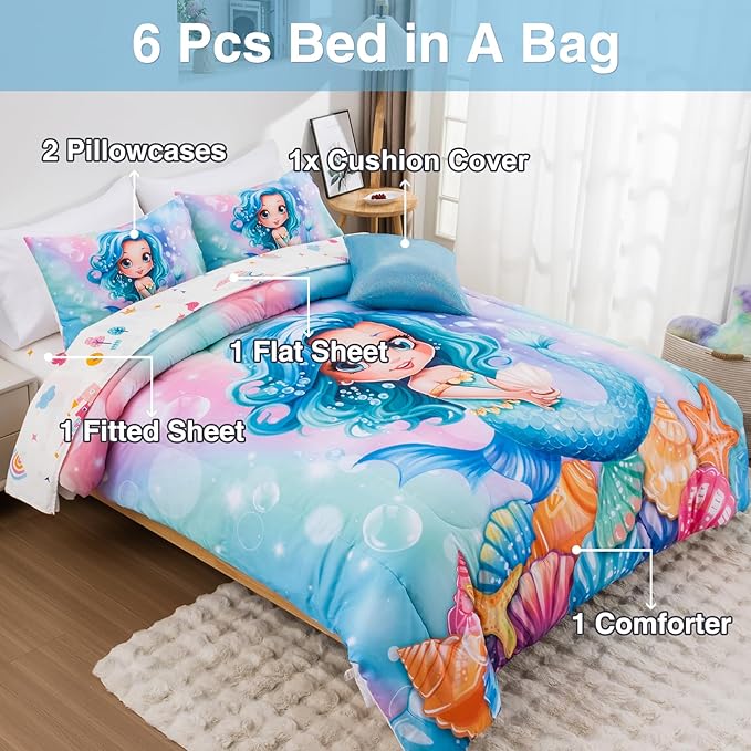 A Nice Night Mermaid Comforter Set Full 6-Piece Bed in a Bag for Girls, Soft Polyester Bedding with Sheet Set & Pillowcases, Princess Character Theme Kids Full Bedding