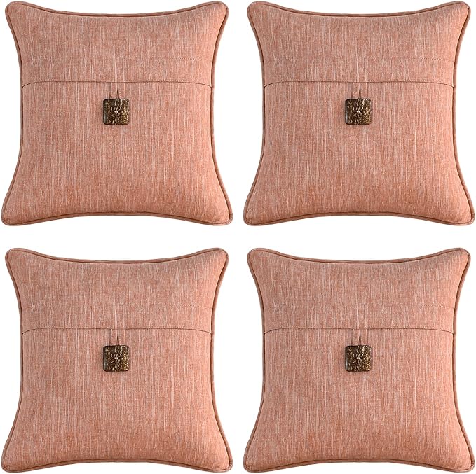 Outdoor Decorative Pillows with Coconut Button Pack of 4, 18" x 18" Outdoor Pillow Set for Couch Bed Throw Patio Sofa, Light Lotus Red