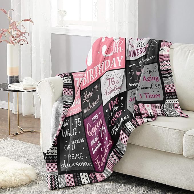75th Birthday Gifts for Women Throw Blanket 60”x50”, Happy 75th Birthday Decorations for Women, 1951 Bday Gift for 75 Year Old Woman Mom Grandma Friend